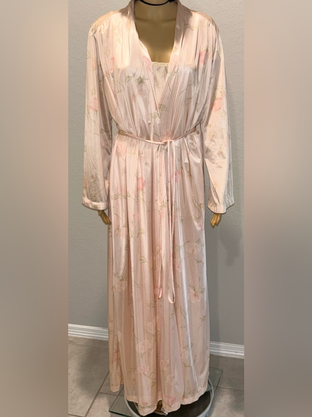 Miss Elaine Pale Pink Floral Satin Maxi Robe & Nightgown Set